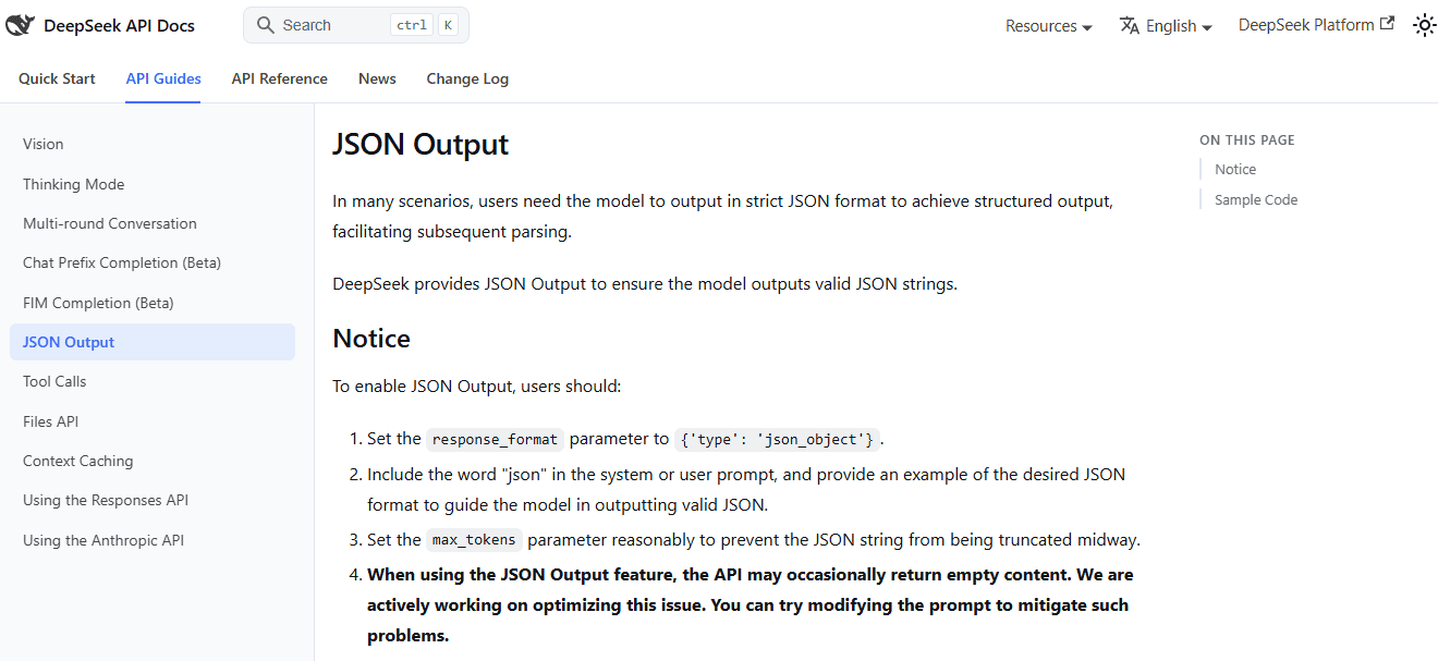 DeepSeek JSON Output documentation showing the json_object response format and JSON prompt requirements.