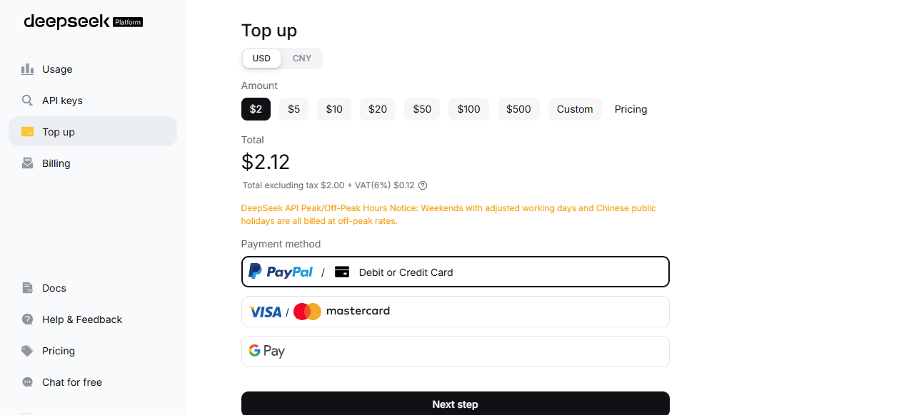 DeepSeek Platform top-up page for adding funds to an API account