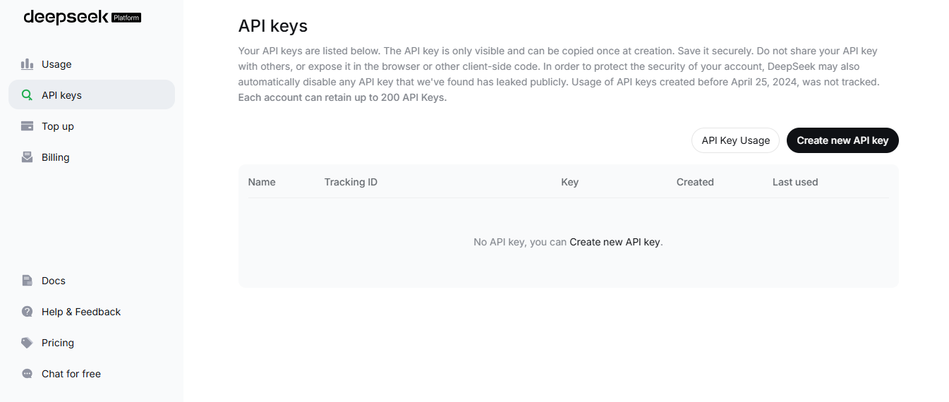 DeepSeek Platform API key management page for checking authentication credentials
