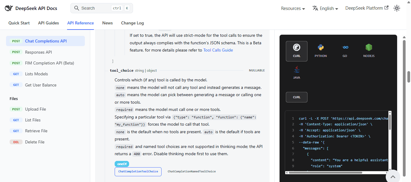 DeepSeek API reference showing tool_choice options and thinking mode restrictions for required or named tool calls.