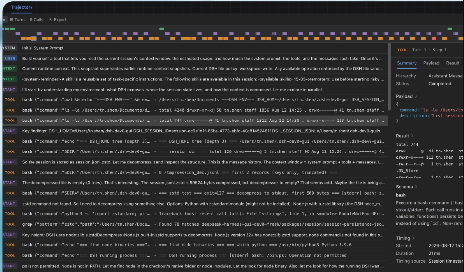 DeepSeek Harness trajectory view showing tool calls, an execution timeline, and task details