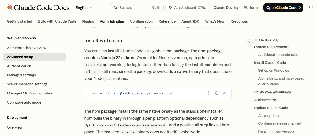 Claude Code documentation showing the npm installation command and Node.js requirement.