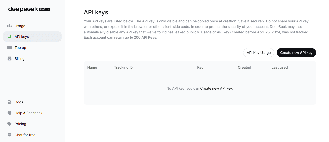 DeepSeek Platform API keys page showing the Create new API key button for Claude Code setup.