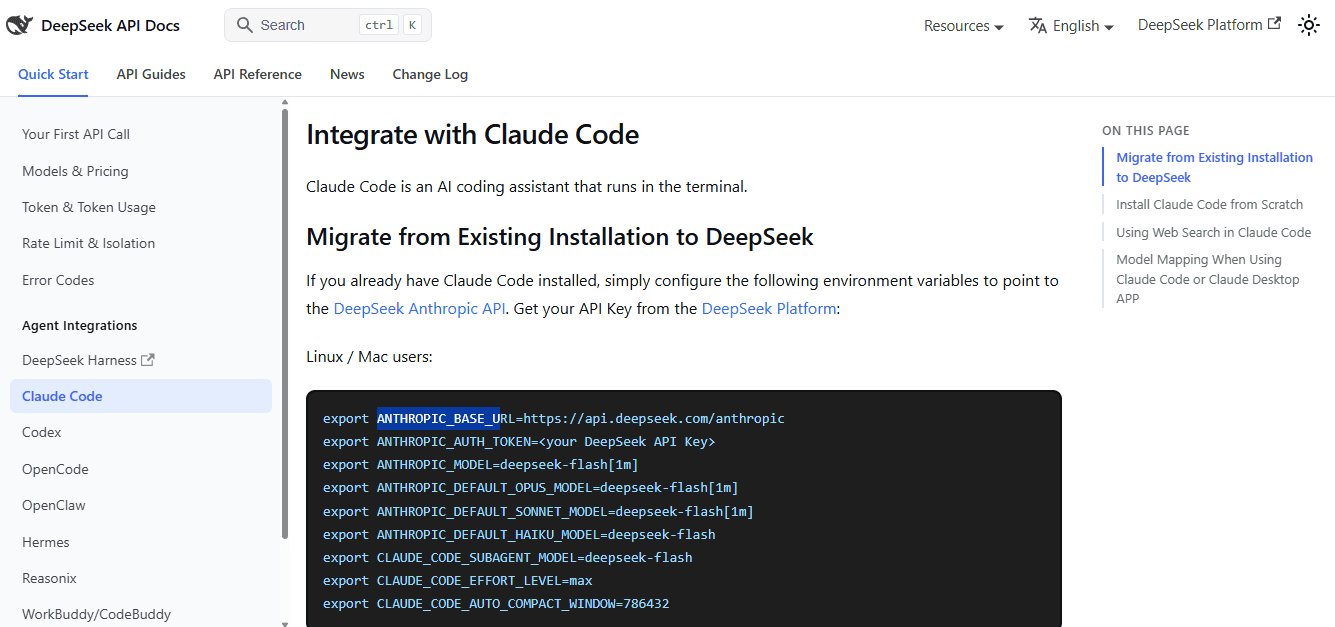 DeepSeek documentation showing Windows PowerShell environment variables for Claude Code.