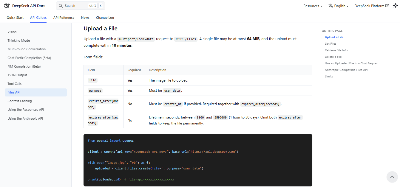 DeepSeek Files API documentation showing how to upload an image and retrieve its file ID