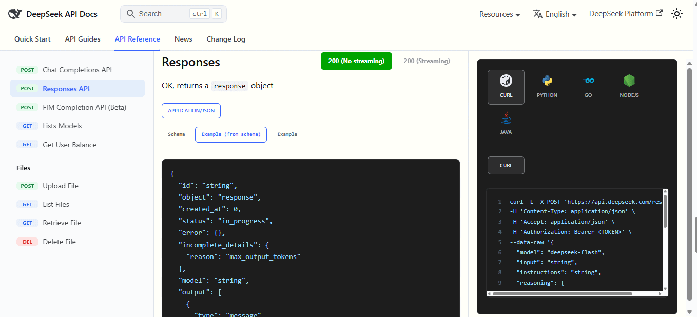 DeepSeek Responses API reference showing a response schema and a curl request example.