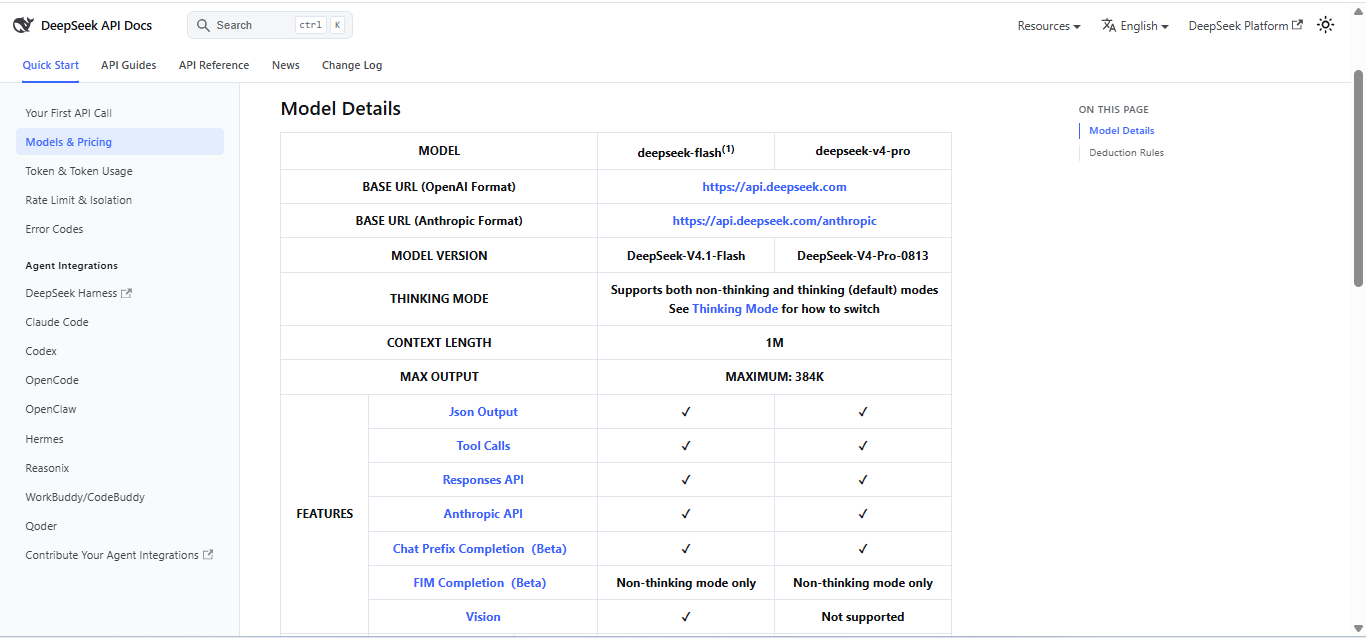 DeepSeek API table showing supported features for deepseek-flash and deepseek-v4-pro