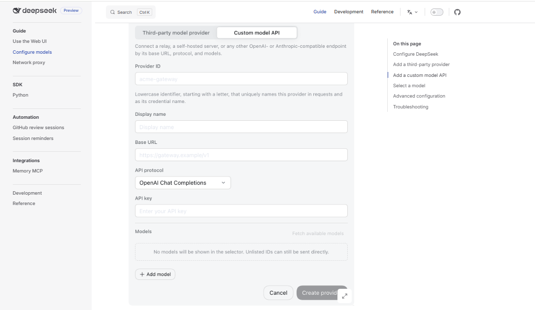 DeepSeek Harness custom model API form with provider ID, display name, base URL, API protocol, and API key fields