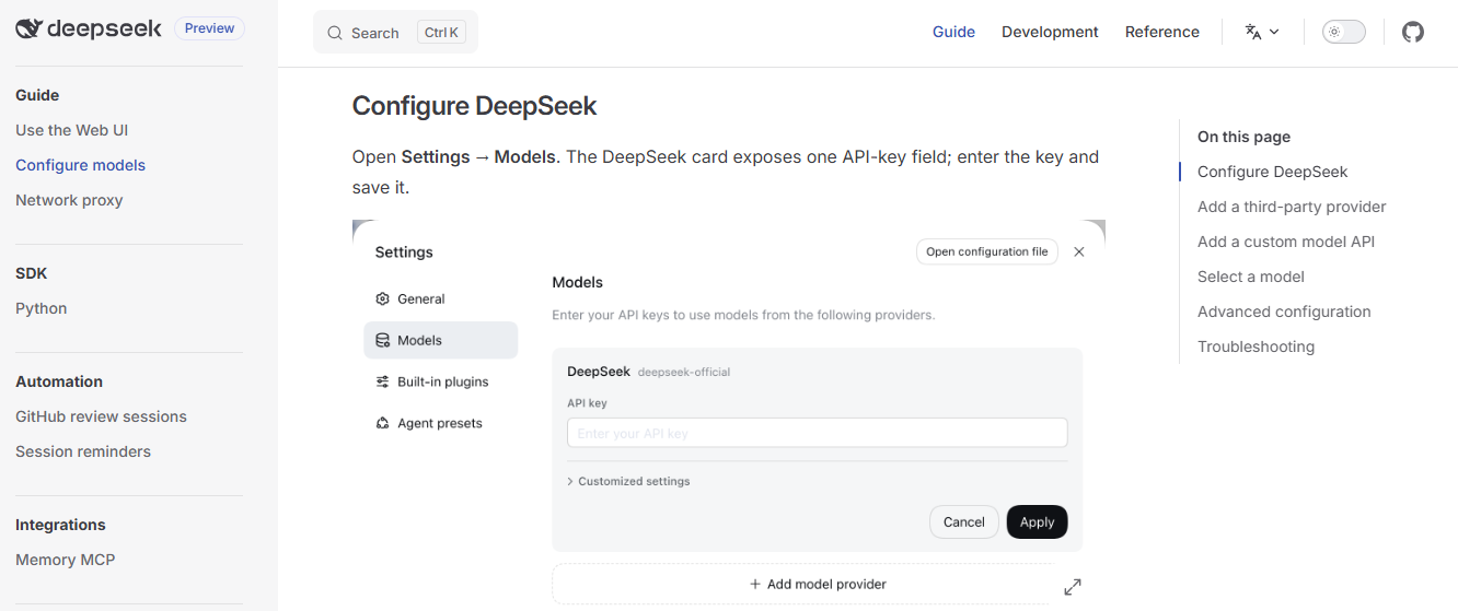 DeepSeek Harness model settings showing the DeepSeek provider, API key field, and Add model provider option