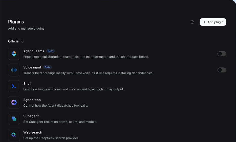 DeepSeek Harness plugin manager showing official plugins and the Add plugin option