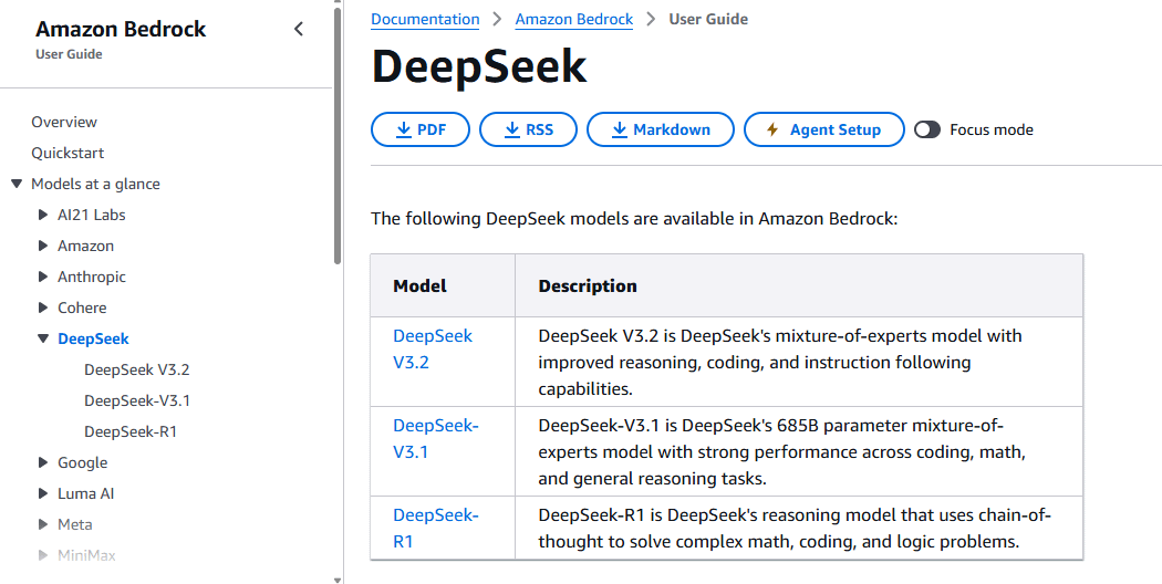 AWS documentation listing DeepSeek V3.2, DeepSeek-V3.1, and DeepSeek-R1 in Amazon Bedrock