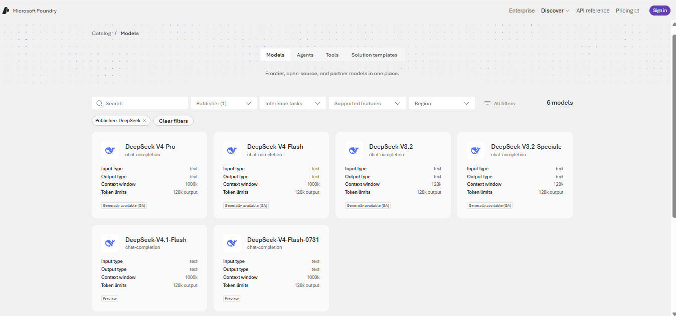 DeepSeek models in the Microsoft Foundry catalog with model specifications and release status labels
