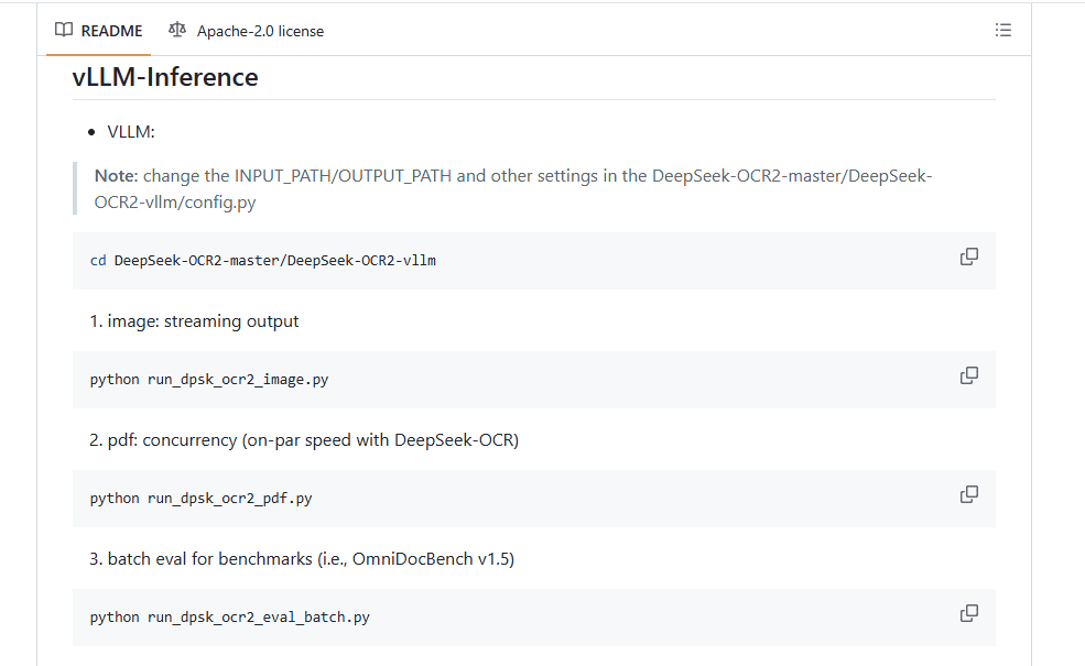 DeepSeek-OCR-2 vLLM instructions showing path configuration and PDF processing