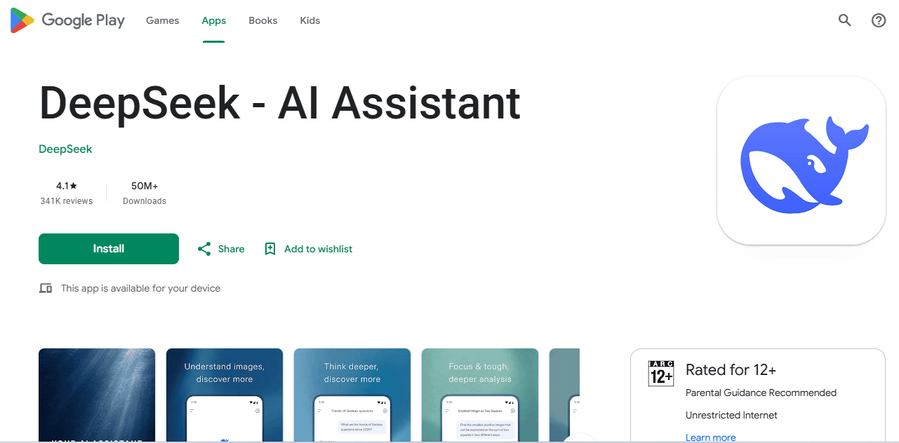 Official DeepSeek AI Assistant listing on Google Play showing the app icon, name, and developer