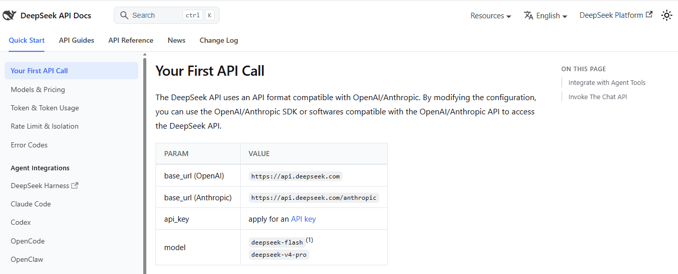 DeepSeek API documentation comparing the OpenAI-compatible and Anthropic-compatible base URLs.