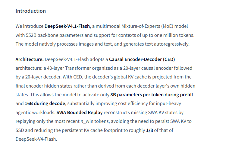 DeepSeek-V4.1-Flash model card describing its Causal Encoder–Decoder architecture and active parameter counts