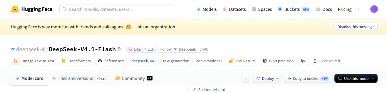 Official DeepSeek-V4.1-Flash Hugging Face repository showing the deepseek-ai publisher and MIT license