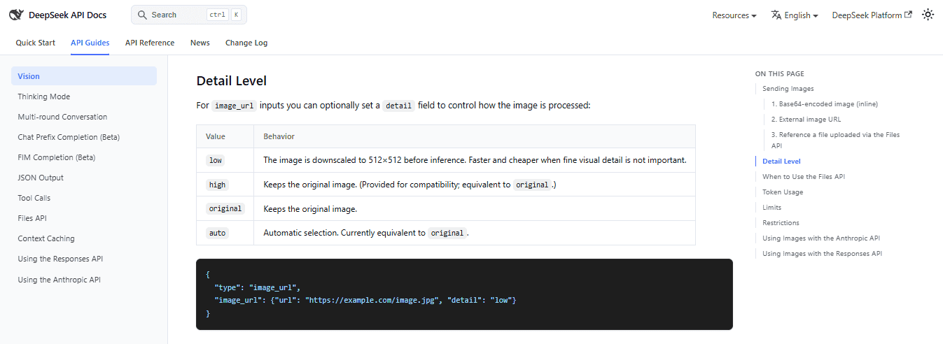 DeepSeek Vision documentation explaining low, high, original, and auto image detail settings