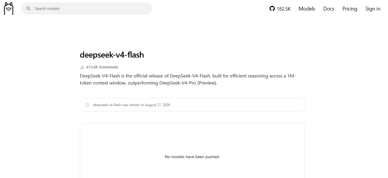 Ollama’s deepseek-v4-flash page displaying a retirement notice and no available model uploads.