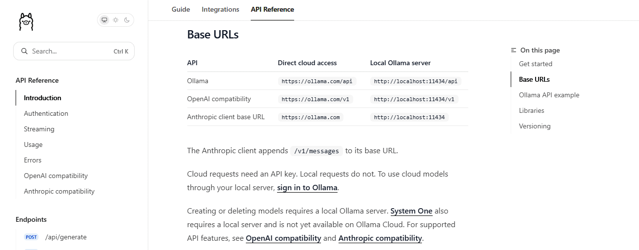 Ollama API documentation comparing local server and cloud base URLs, including the OpenAI-compatible endpoint.