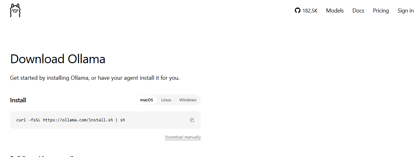 Official Ollama download page with macOS selected, showing the installation command and manual download option.
