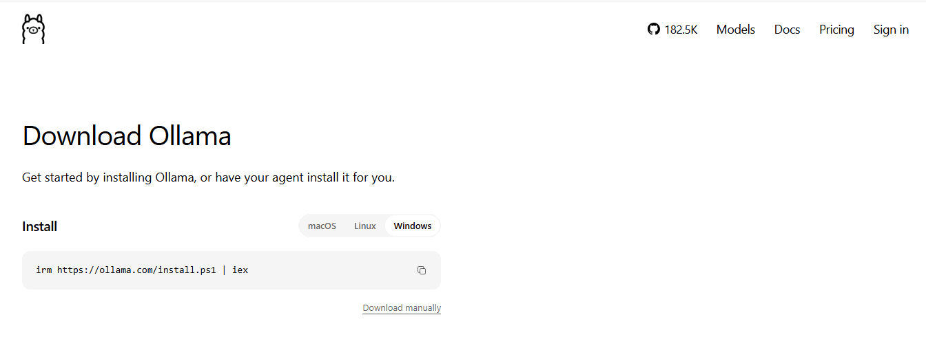 Official Ollama download page with Windows selected, showing the PowerShell installation command and manual download option.